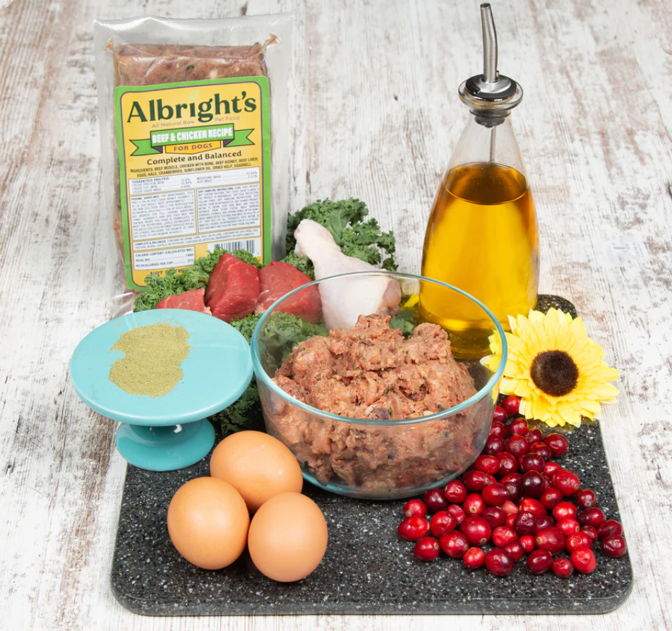 A tray filled with fresh ingredients found in Albright's ultra-premium raw pet food.